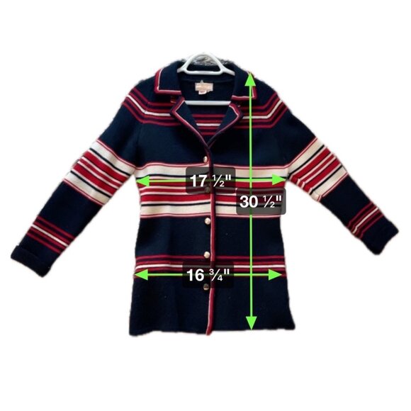 Vintage Lambswool Cardigan Sweater Hand Loomed Striped Navy Red White Sz M - Picture 7 of 7